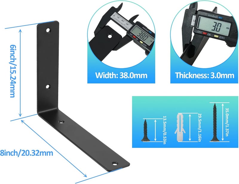 Redunest L Floating Shelf Brackets,4 Pack Heavy Duty L Brackets for Shelves, L 8" X H 6" Black Metal Countertop Support Brackets,Wall Mounting for Wood - Image 2